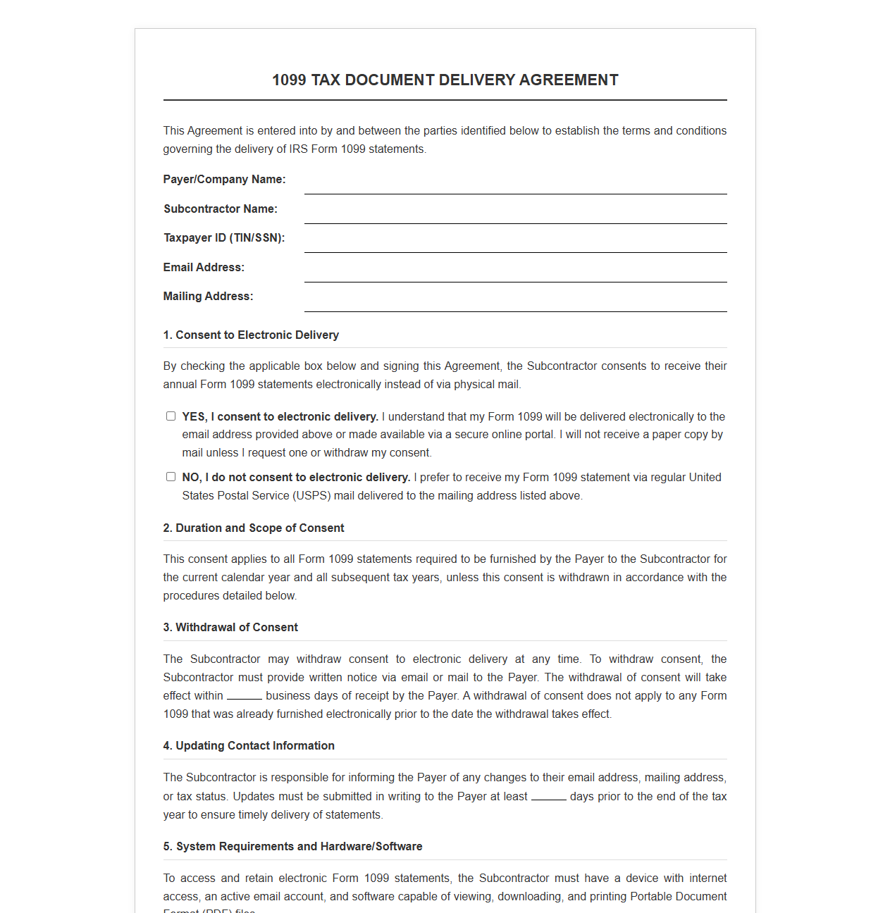1099 Tax Document Delivery Agreement for Subcontractors