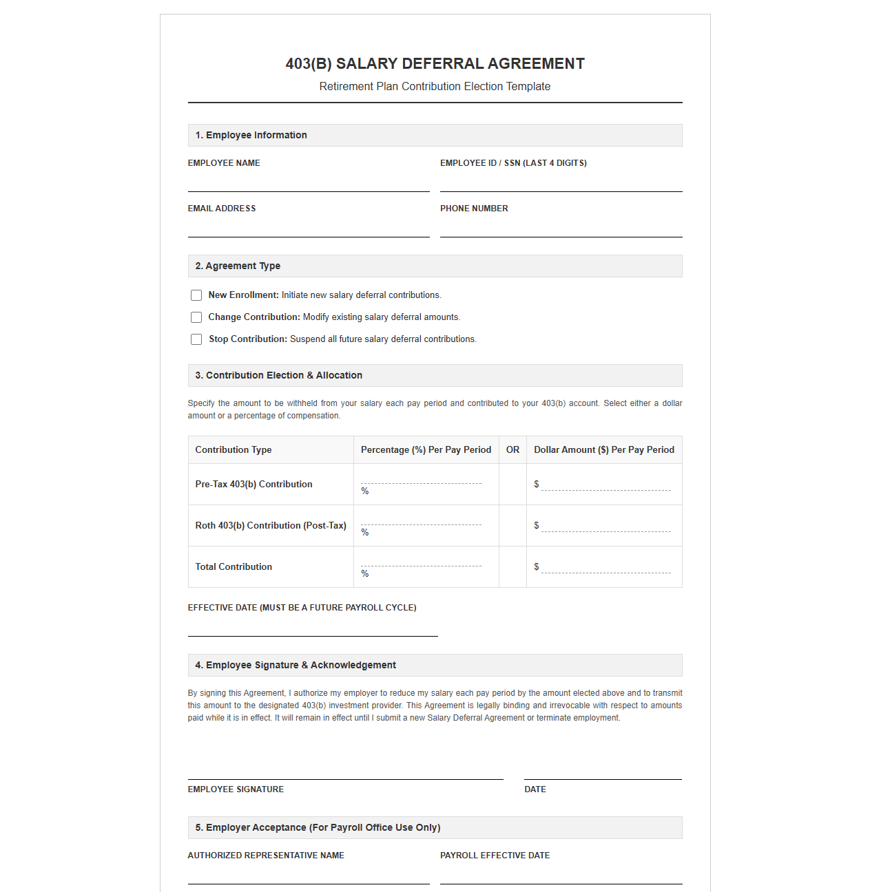 403b Salary Deferral Agreement Template