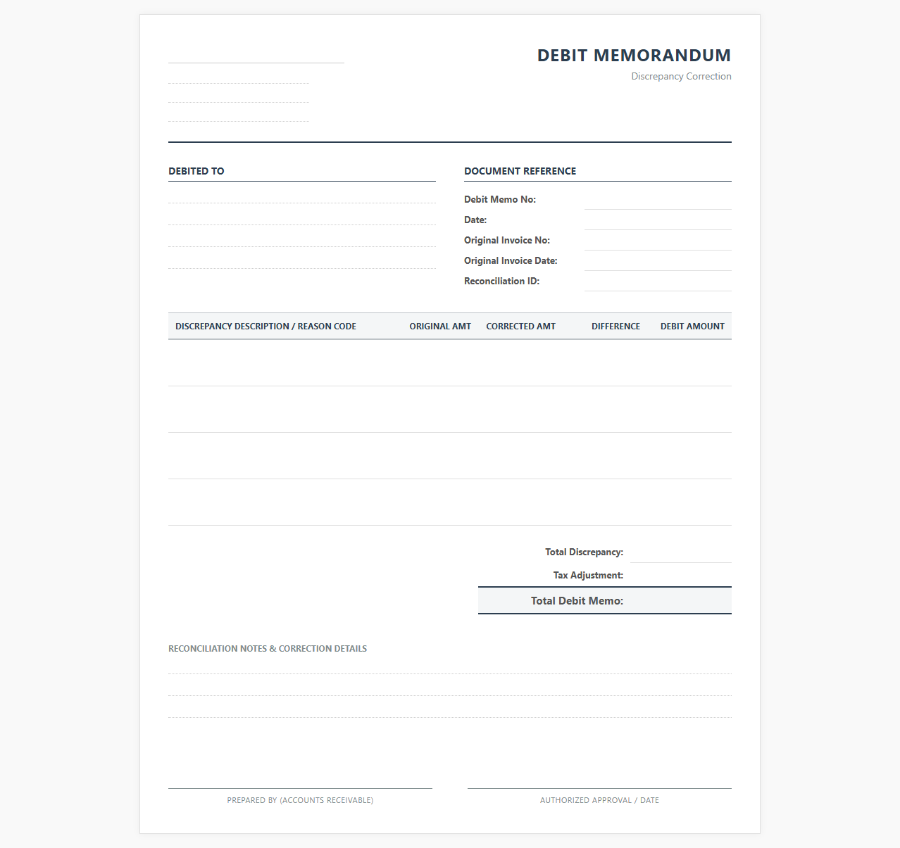 Account Reconciliation Debit Invoice Correction Template