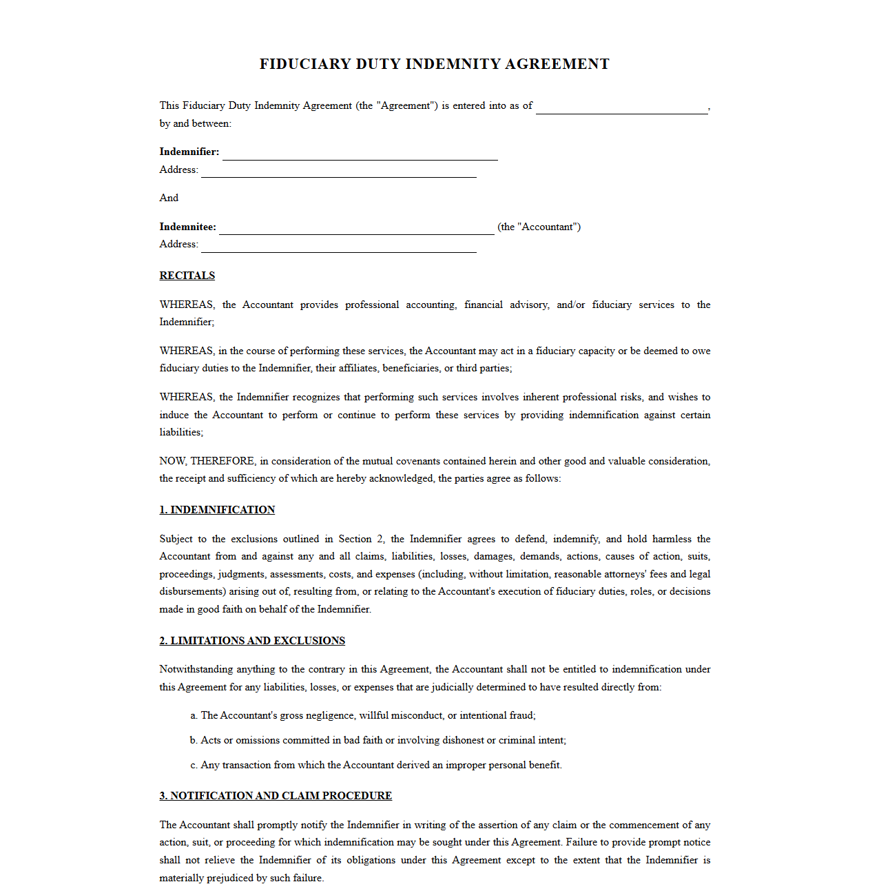 Accountant Fiduciary Duty Indemnity Agreement Template