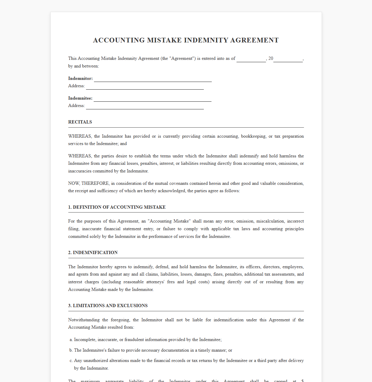 Accounting Mistake Indemnity Contract Template