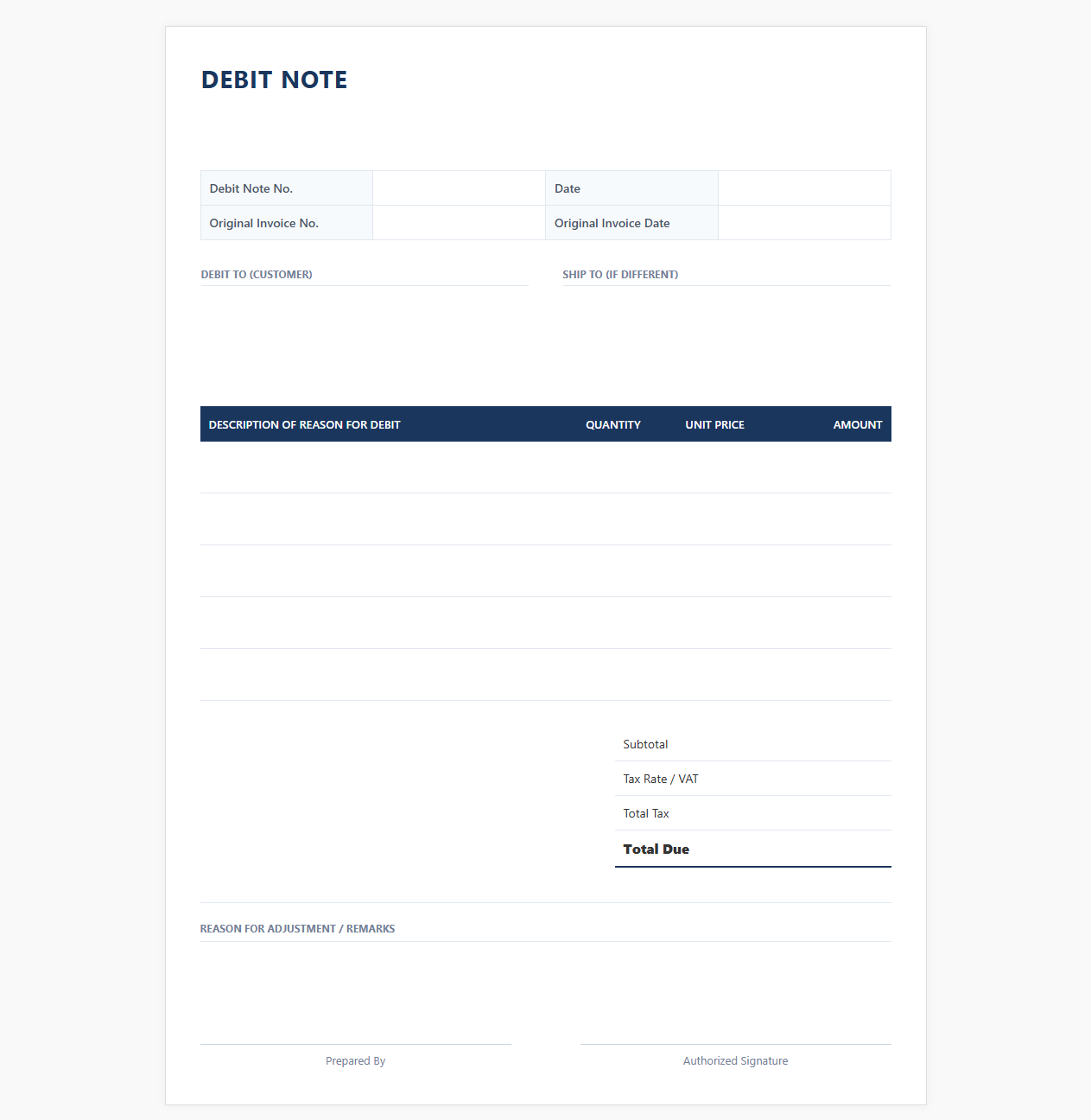 Accounts Receivable Debit Note Template