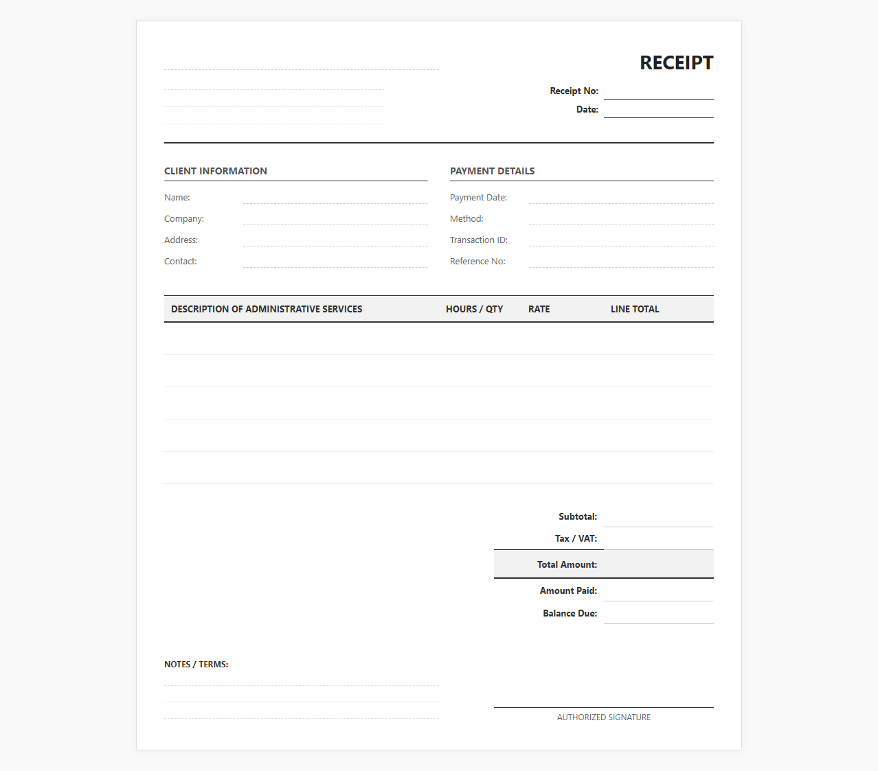 Administrative Support Service Receipt Template