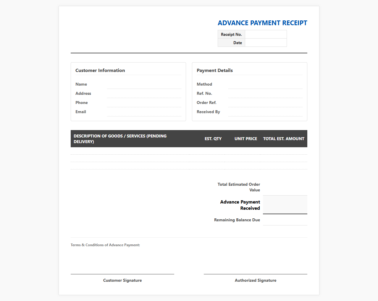 Advance Sales Payment Receipt Template