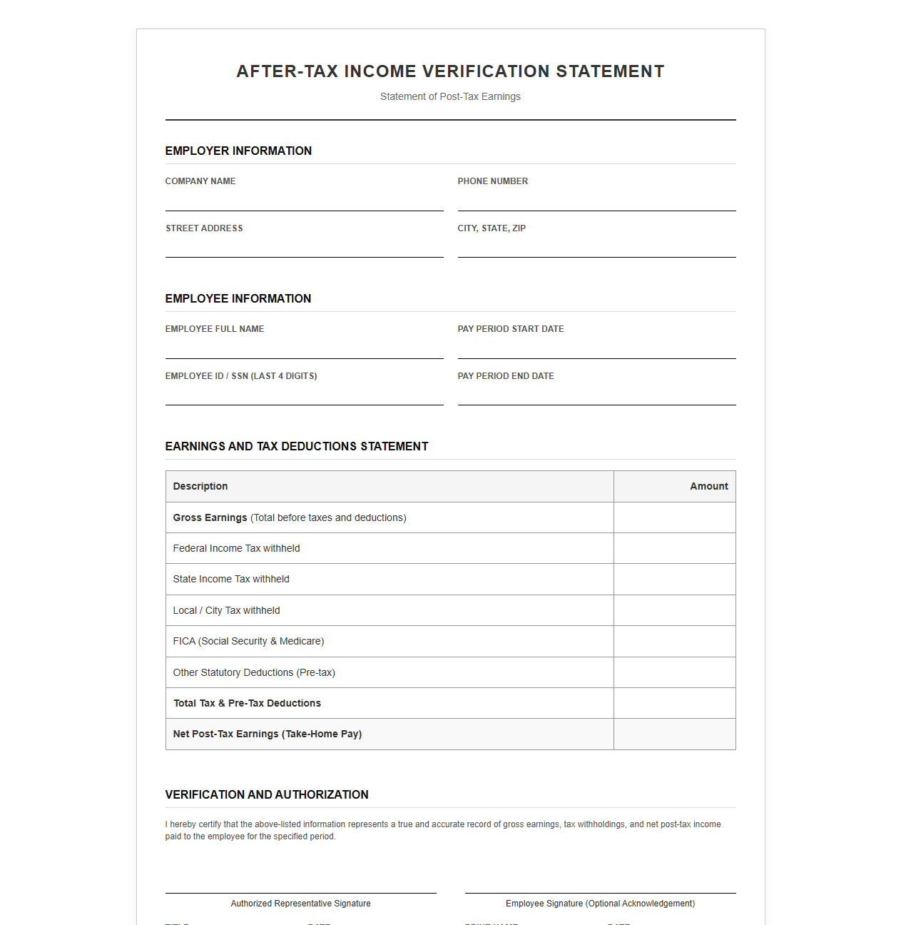 After-Tax Income Verification Template