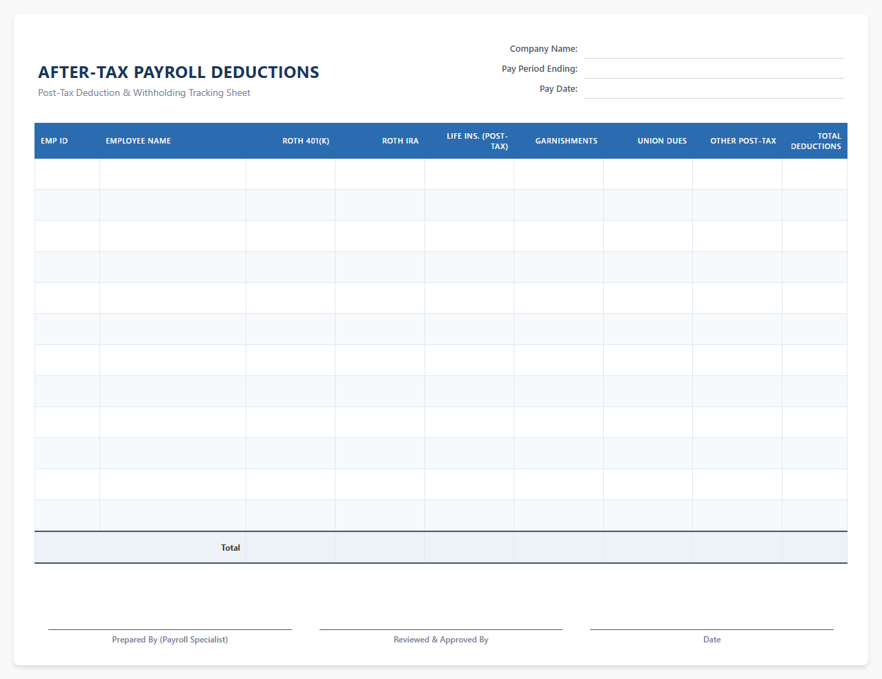 After-Tax Payroll Deduction Tracking Sheet