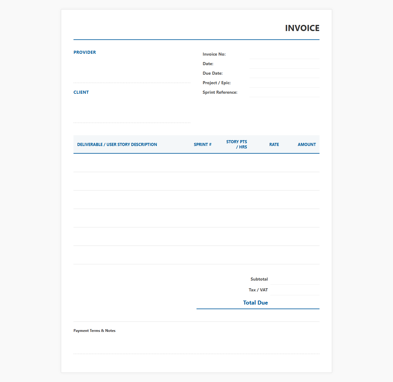 Agile Project Management Deliverable Invoice