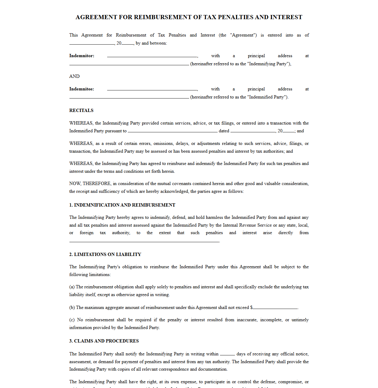 Agreement for Reimbursement of Tax Penalties and Interest
