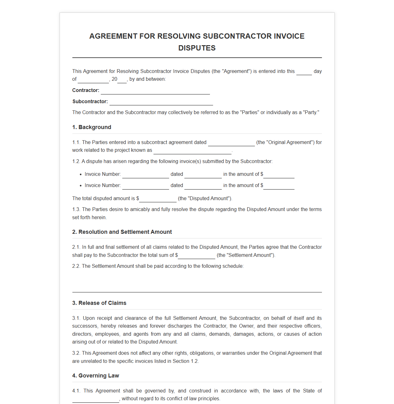 Agreement for Resolving Subcontractor Invoice Disputes