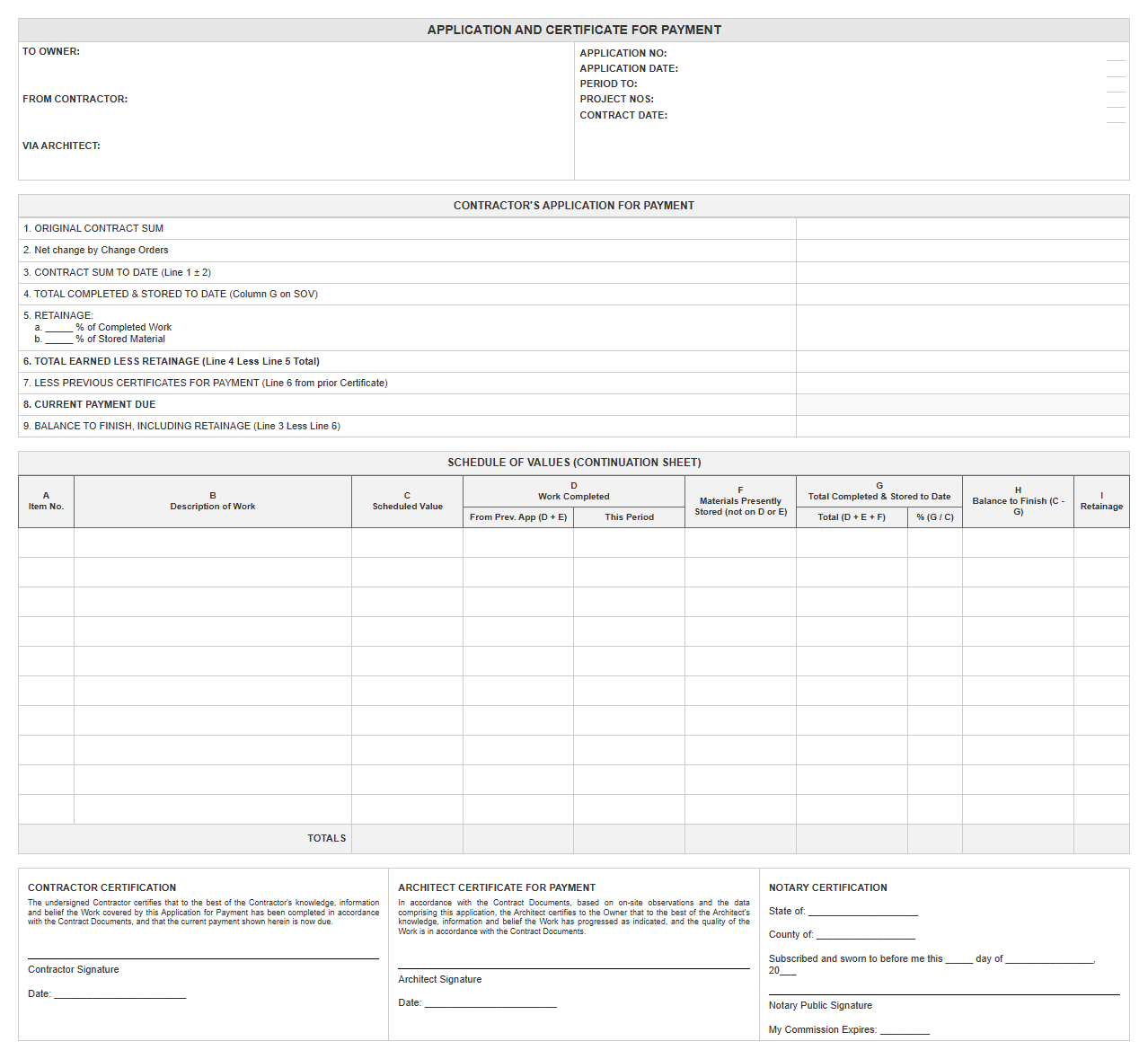 AIA Style Schedule of Values Billing Template