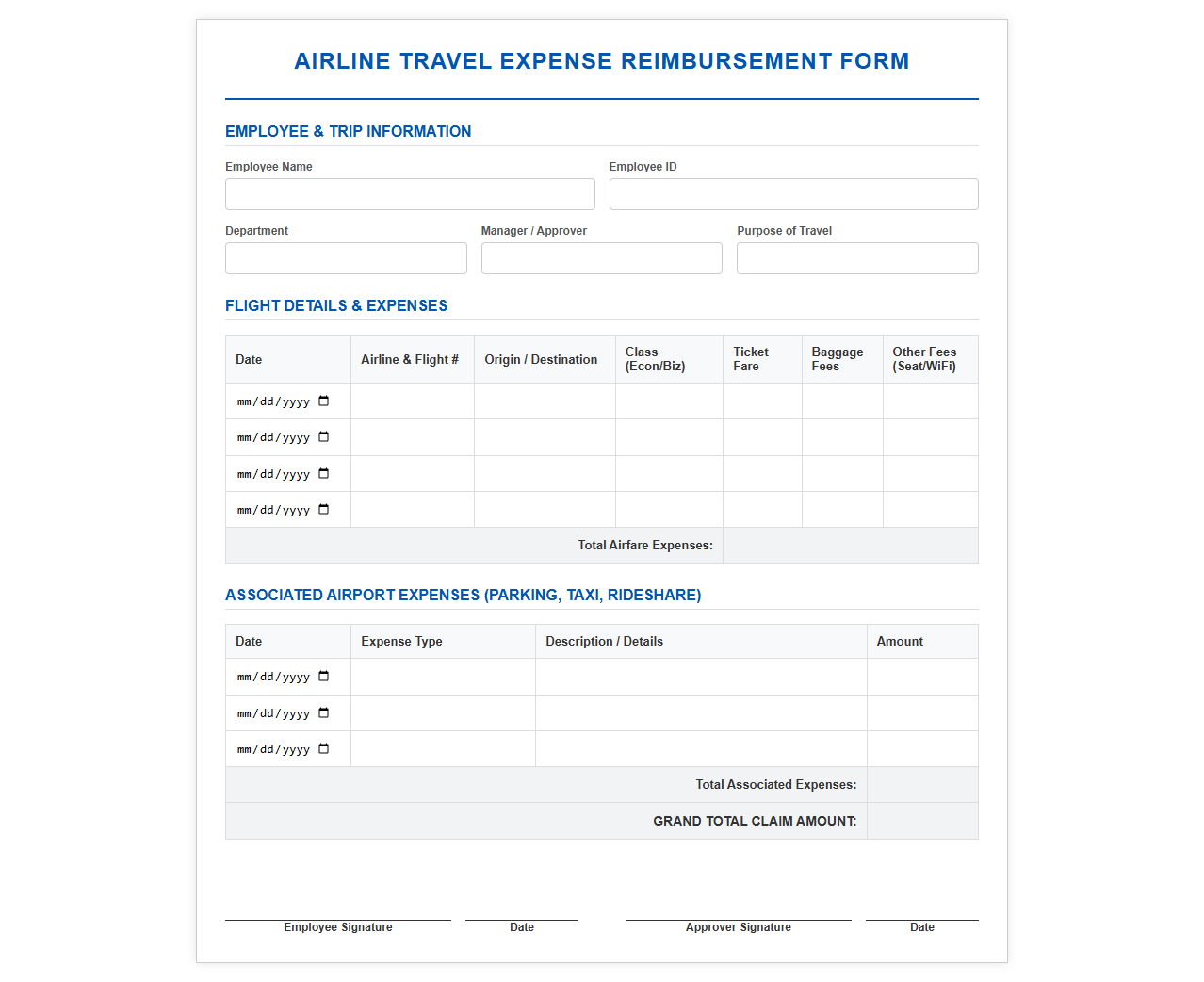 Airline Travel Expense Reimbursement Form