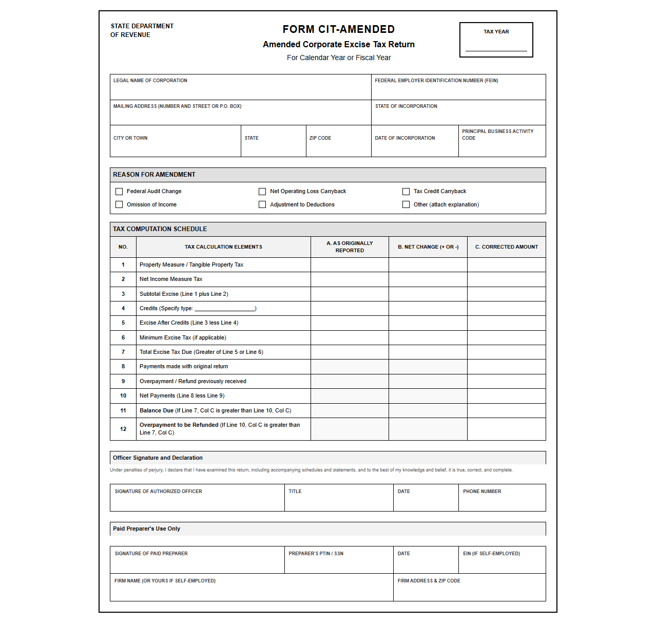 Amended Corporate Excise Tax Return Template