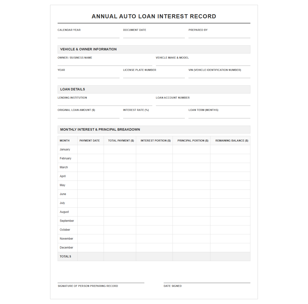 Annual Auto Loan Interest Record
