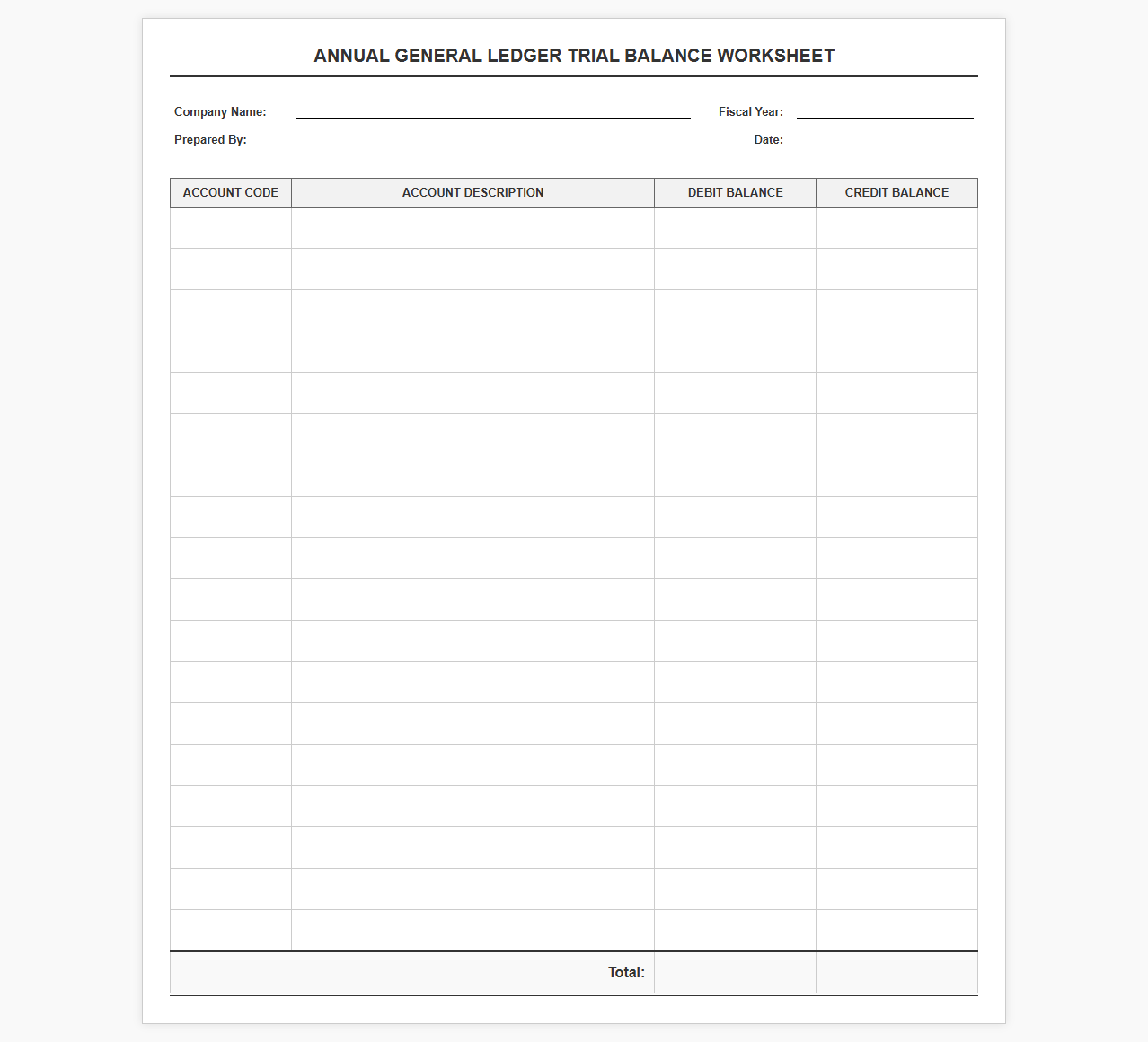 Annual General Ledger Trial Balance Worksheet