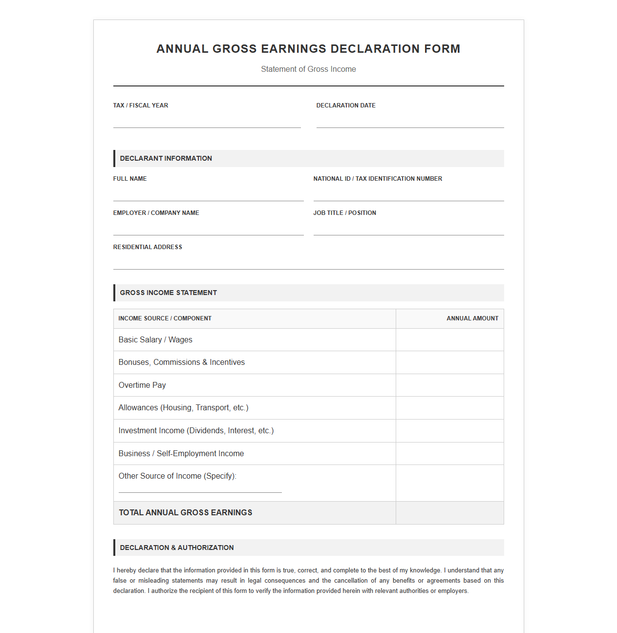 Annual Gross Earnings Declaration Form