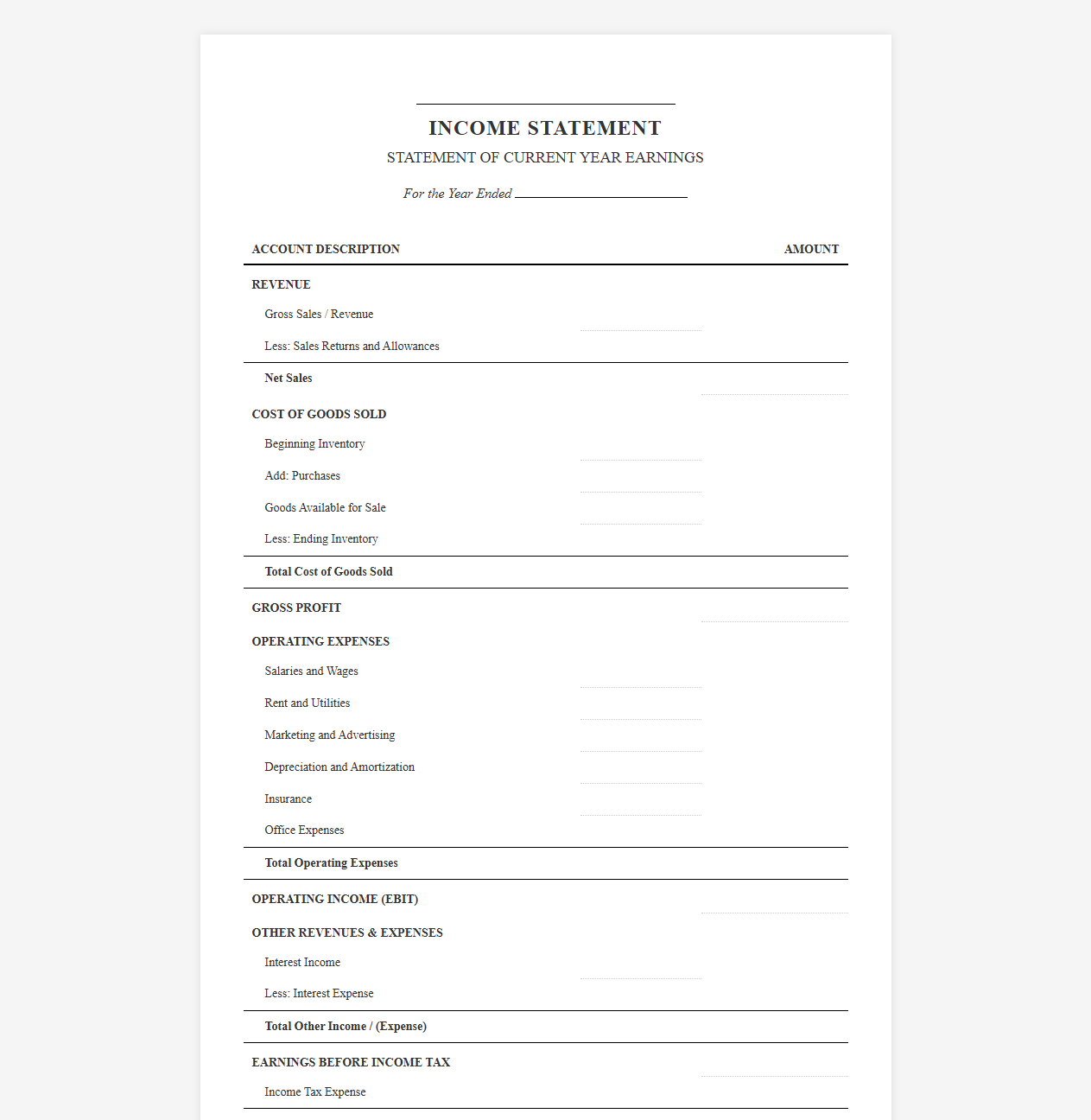 Annual Income Statement Template