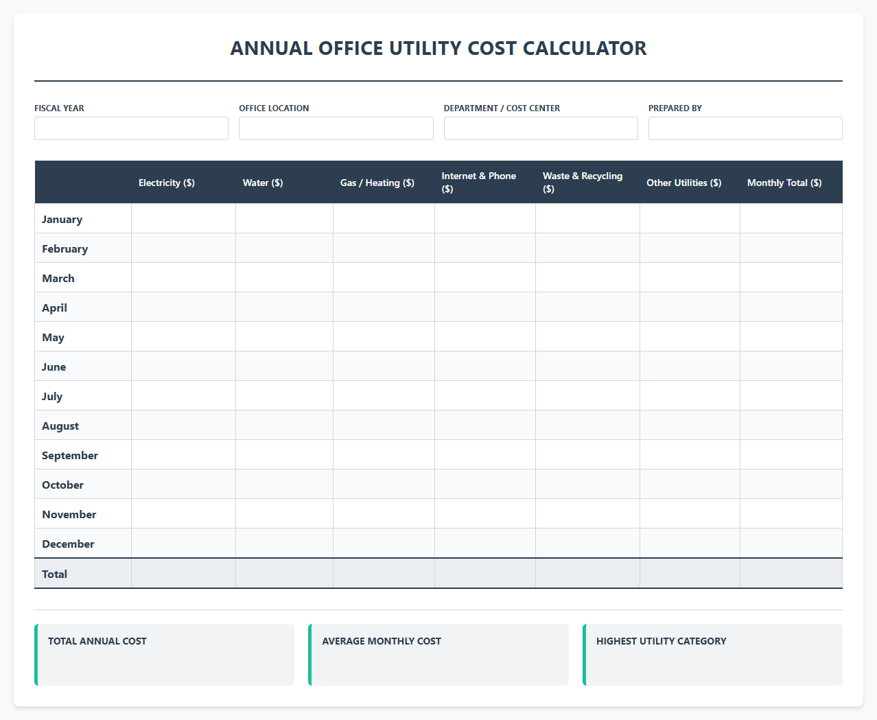 Annual Office Utility Cost Calculator