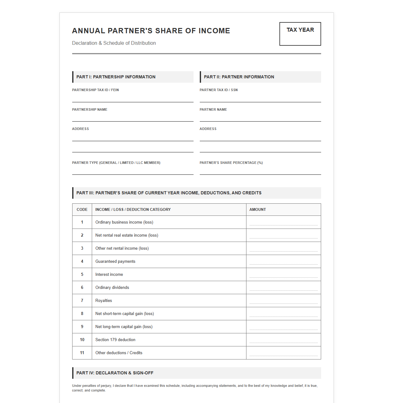 Annual Partner Share of Income Declaration Template