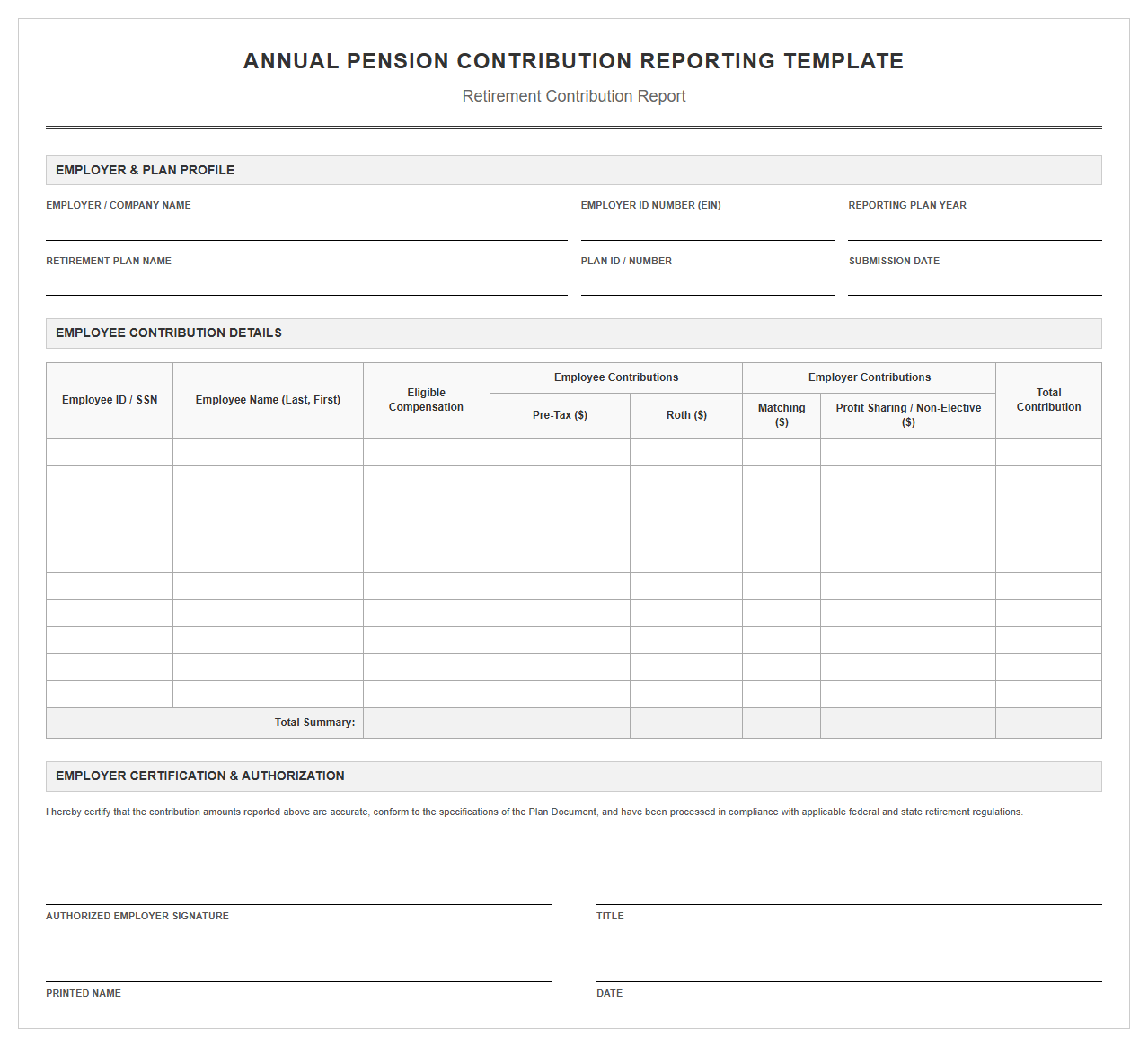 Annual Pension Contribution Reporting Template