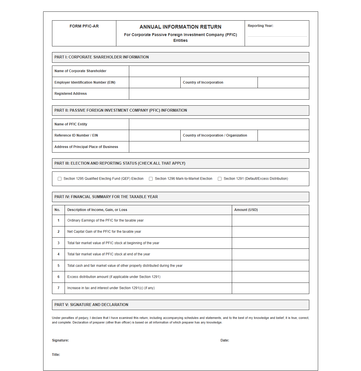 Annual Return Template for Corporate PFIC Entities