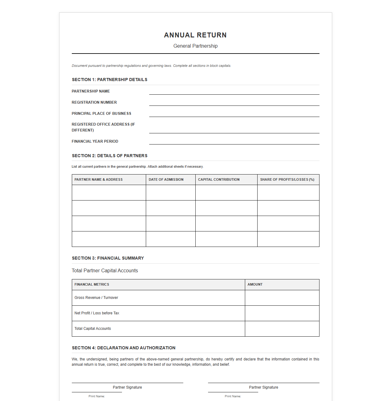 Annual Return Template for General Partnerships
