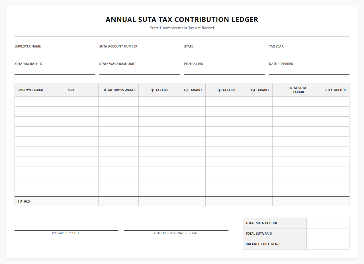 Annual SUTA Tax Contribution Ledger