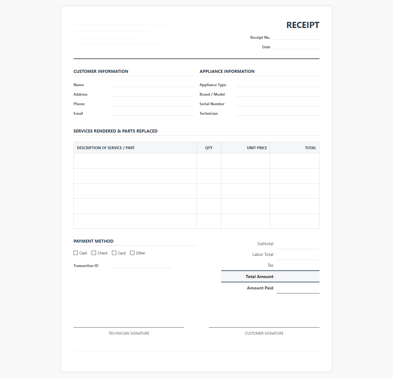 Appliance Repair Service Receipt Template