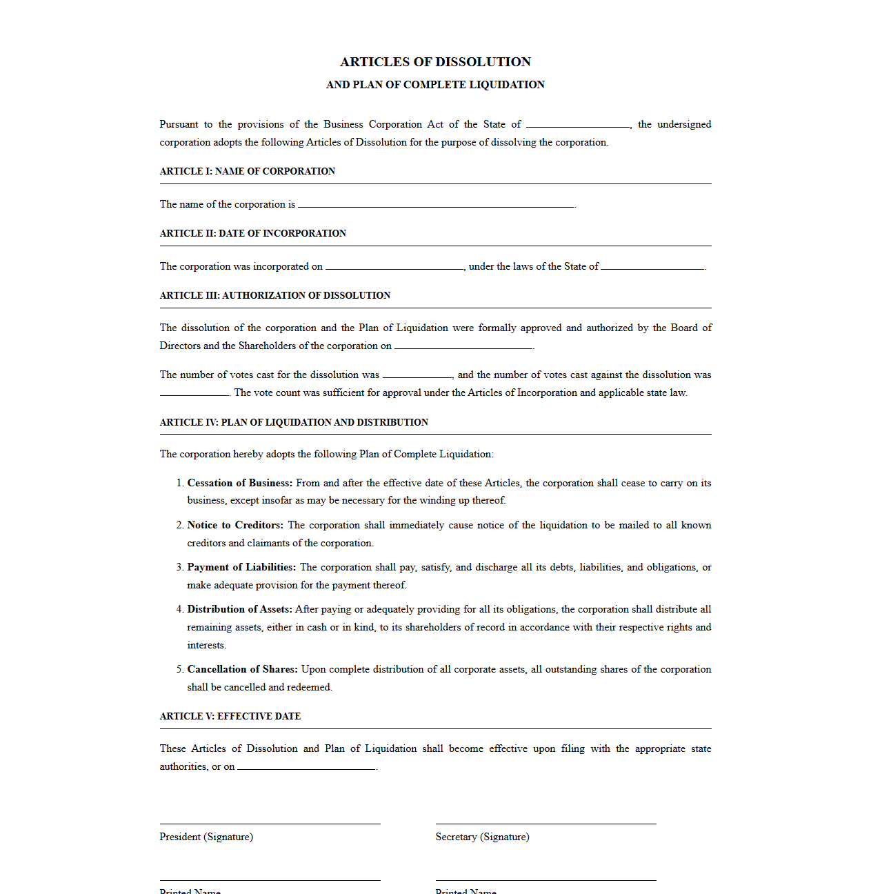 Articles of Dissolution and Liquidation Plan Template