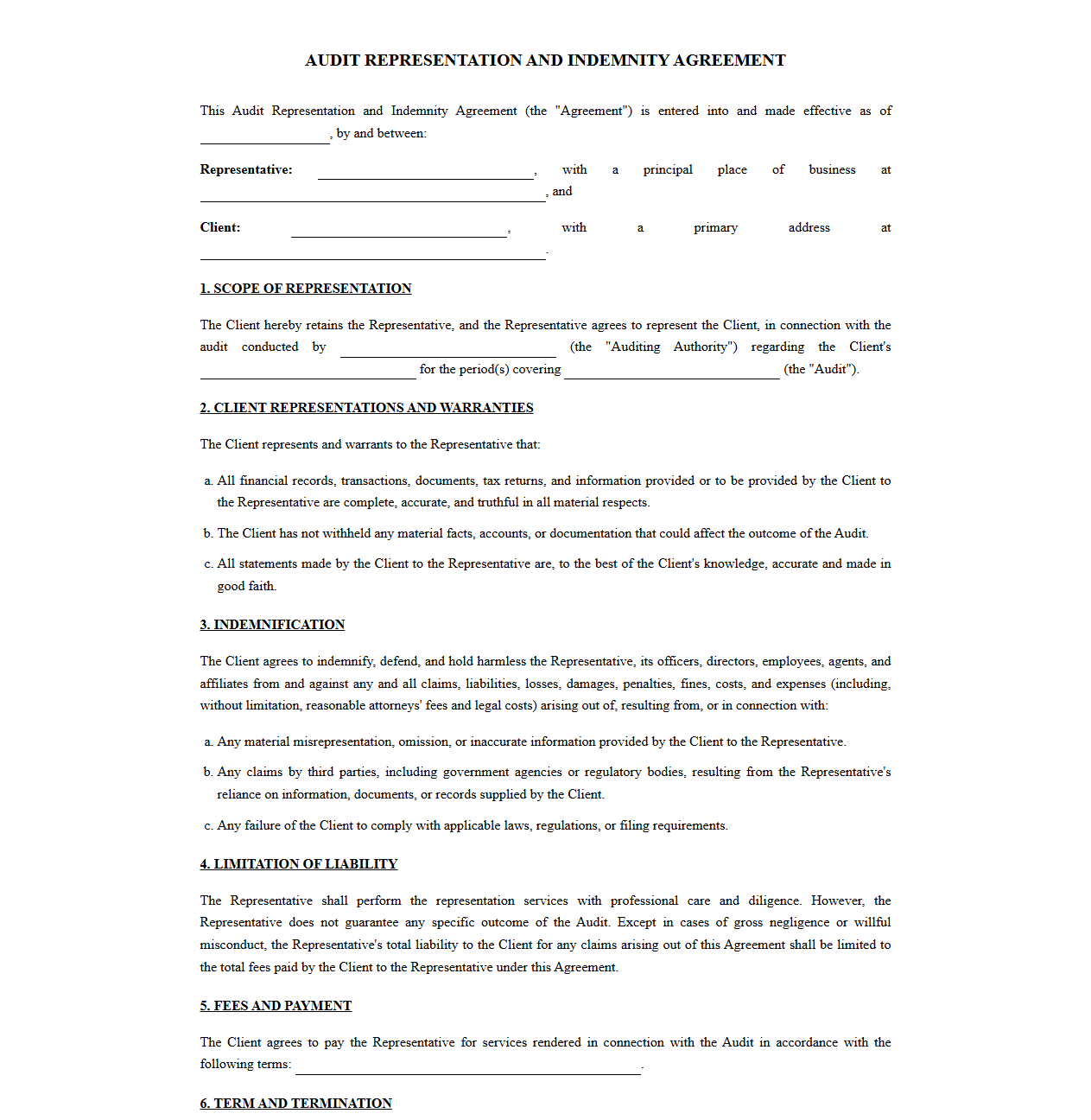 Audit Representation Letter and Indemnity Agreement