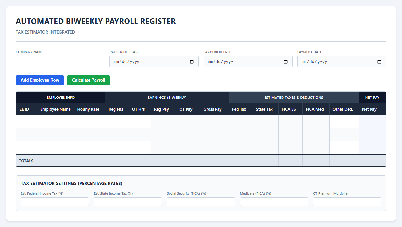 Automated Biweekly Payroll Register with Tax Estimator