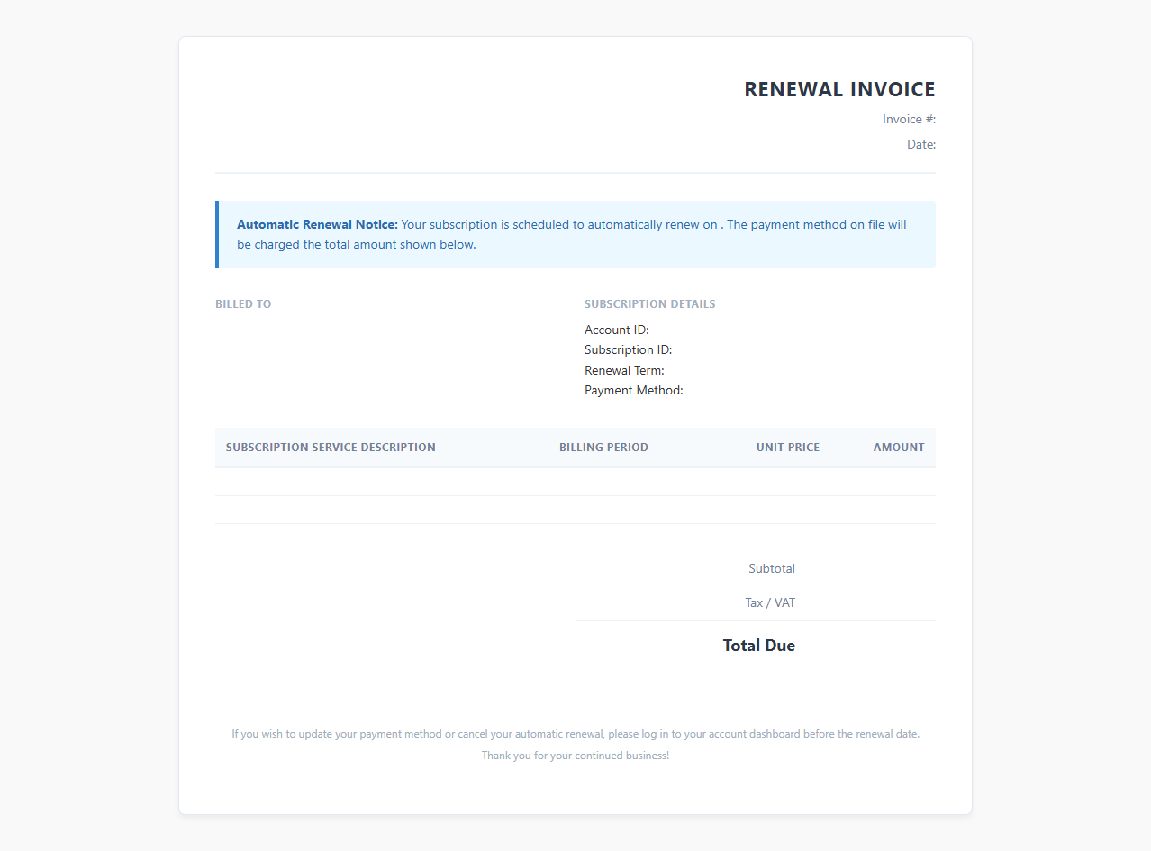 Automated Renewal Notice and Subscription Invoice