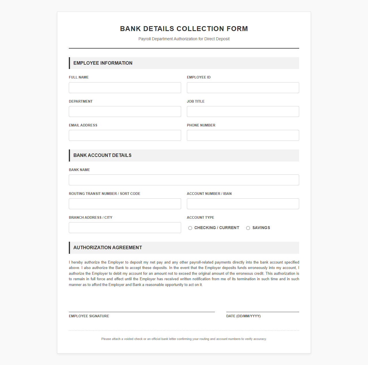 Bank Details Collection Form for Payroll