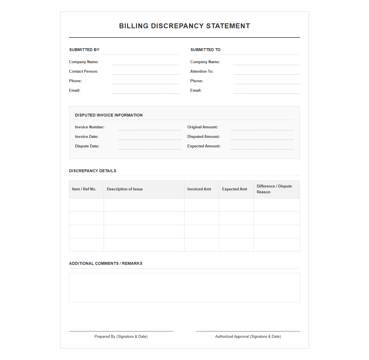 Billing Discrepancy Statement Template