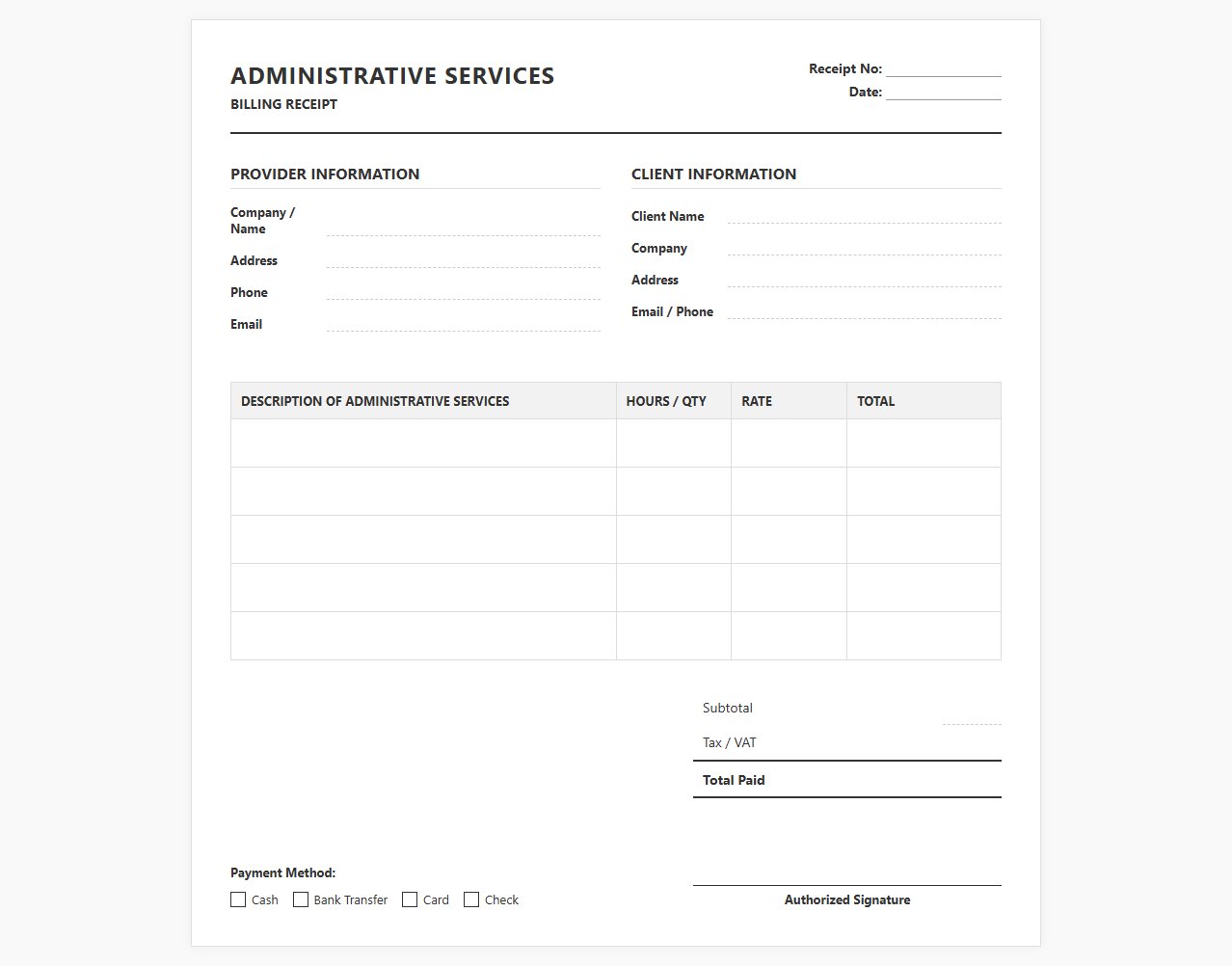 Billing Receipt for Office Administrative Services