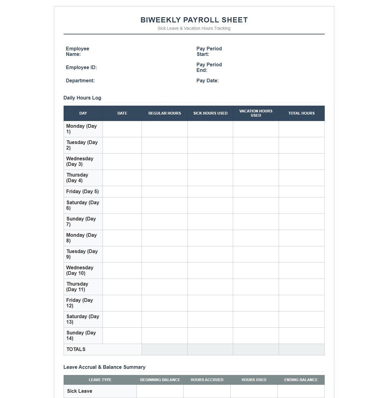 Biweekly Payroll Sheet for Sick and Vacation Hours