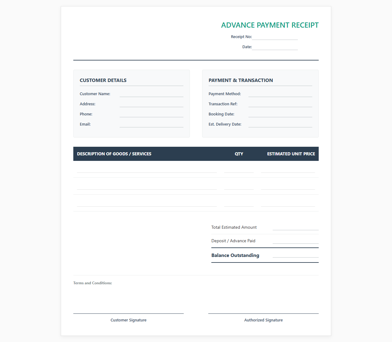 Booking Deposit and Advance Sales Receipt