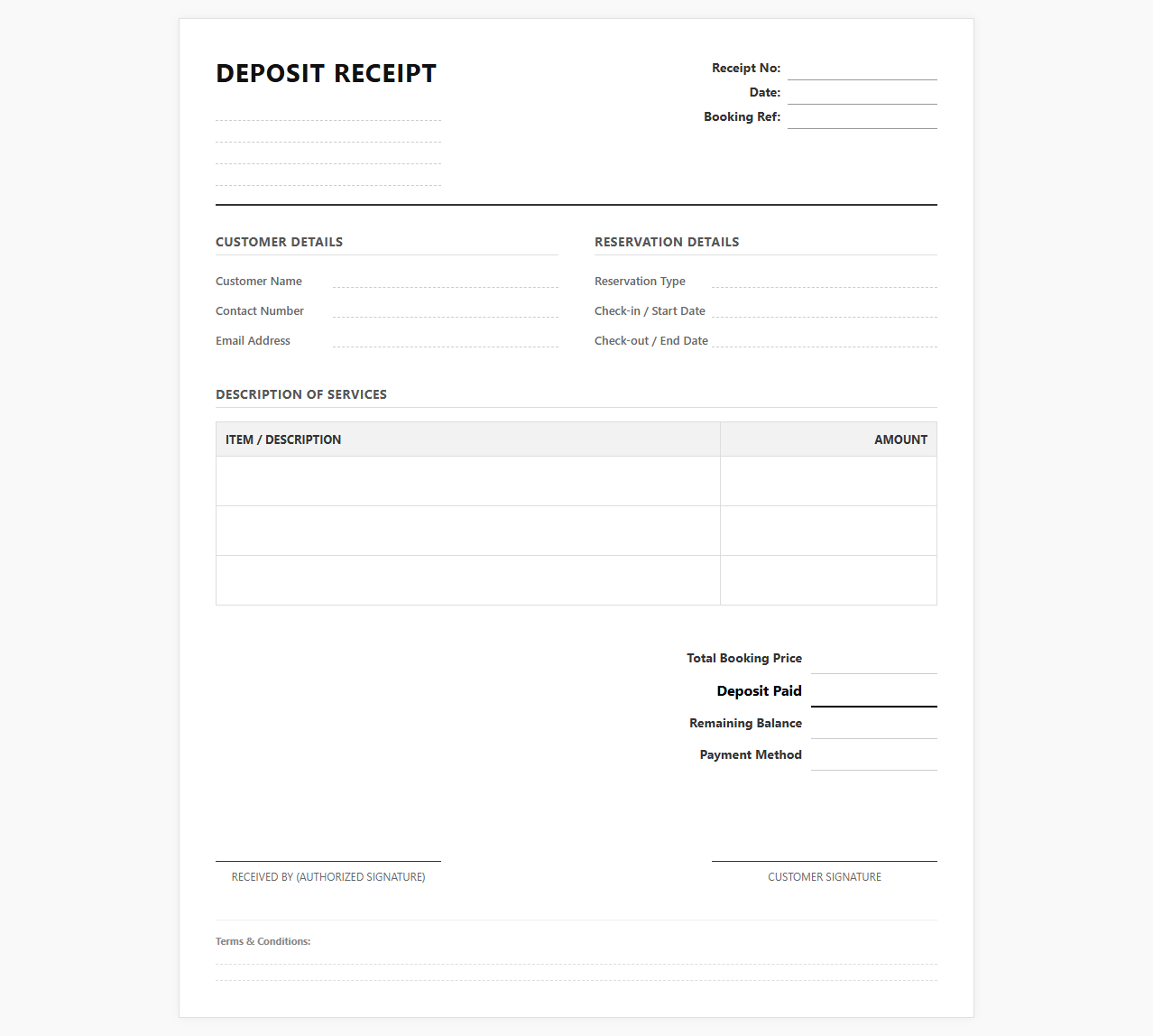 Booking Deposit Receipt Template