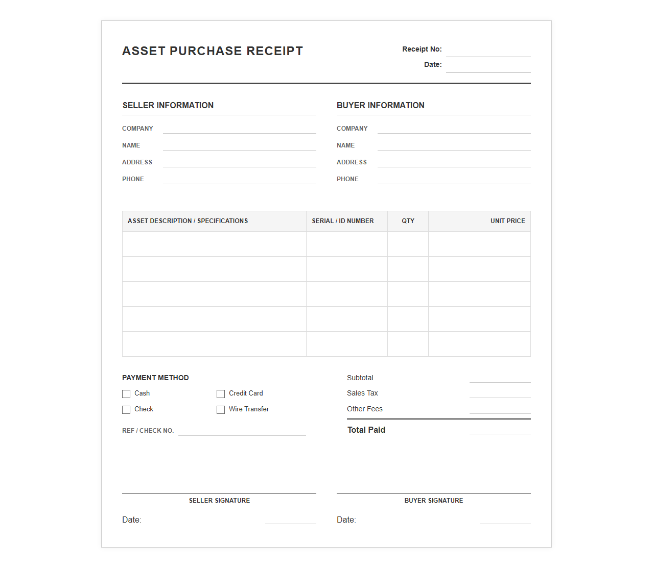 Business Asset Purchase Receipt Template