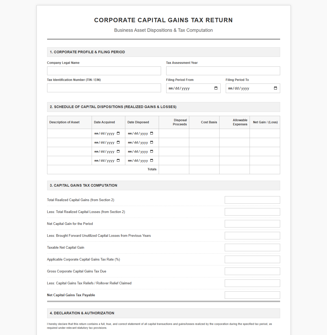 Business Capital Gains Tax Calculation and Return Template