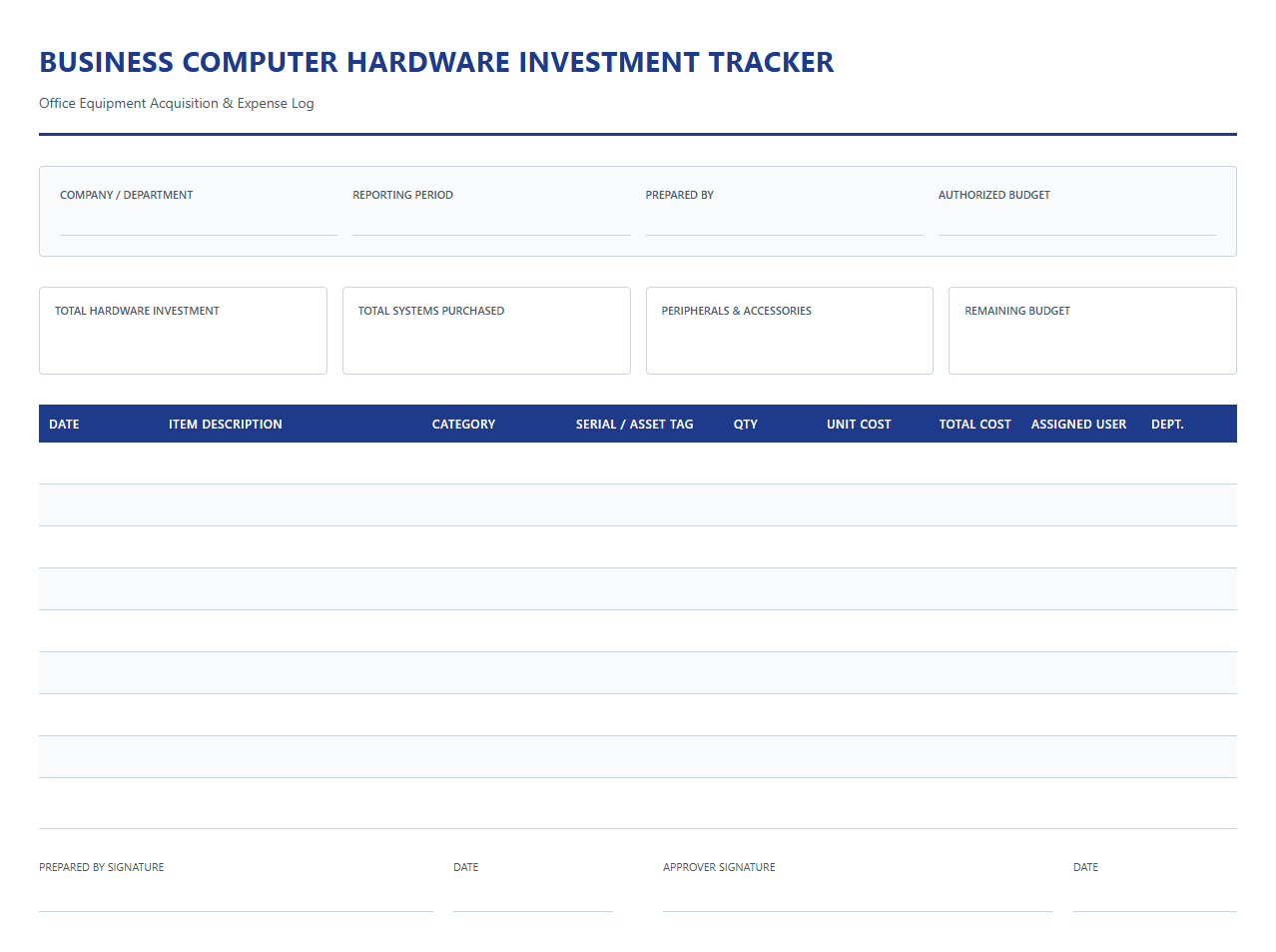 Business Computer Hardware Investment Tracker