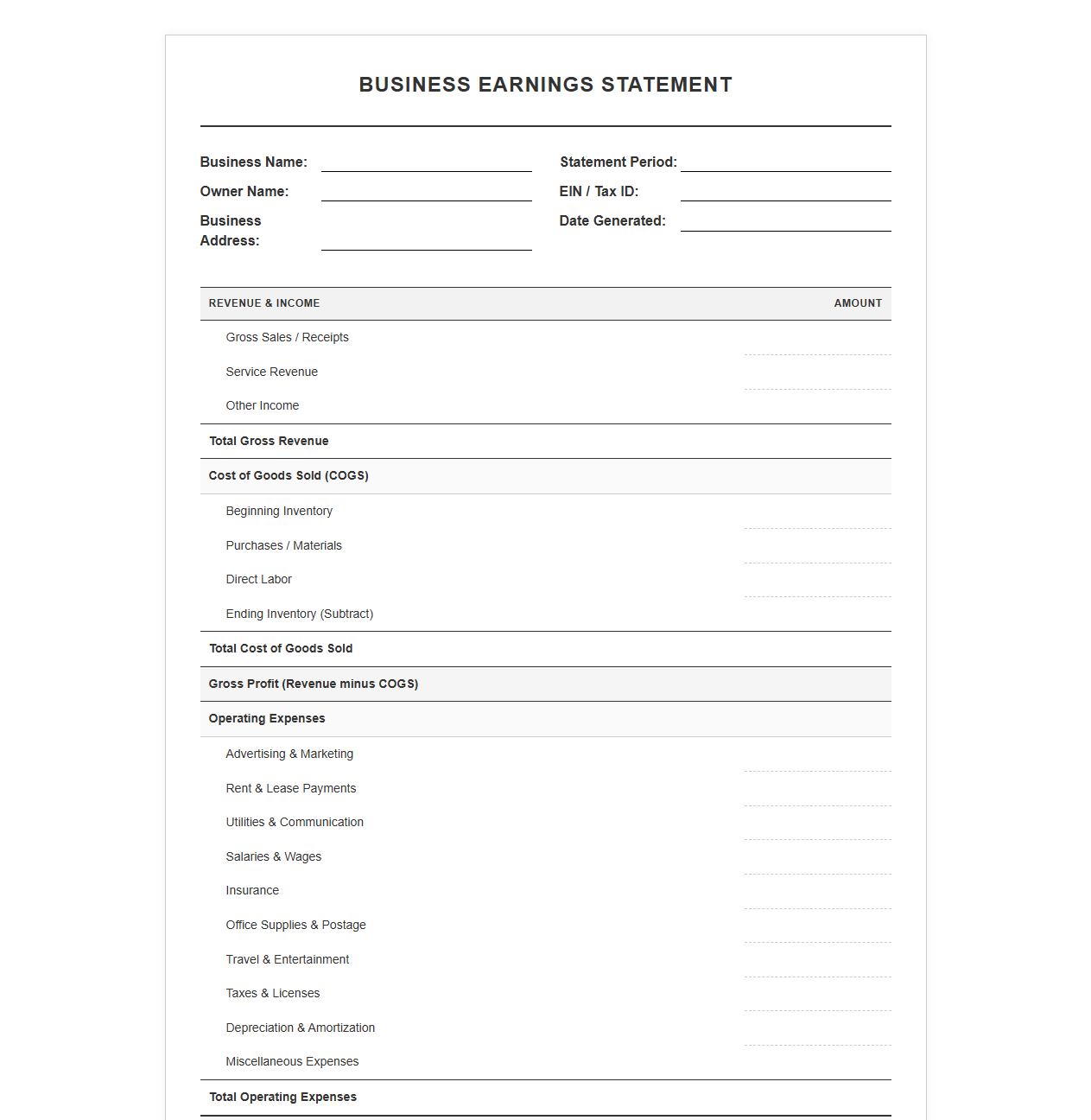Business Earnings Statement Template