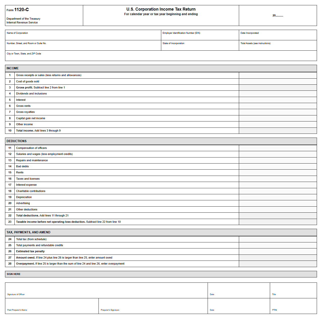 Business Income Tax Return Template