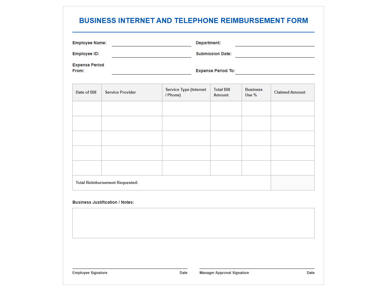 Business Internet and Telephone Reimbursement Form