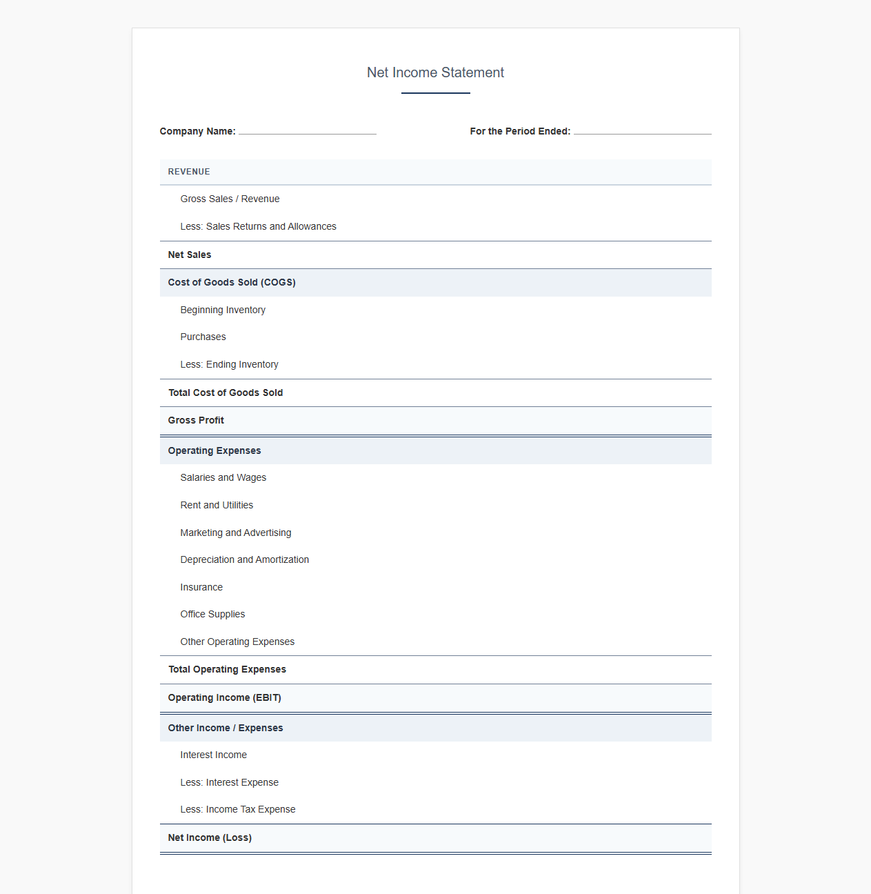 Business Net Income Statement Template