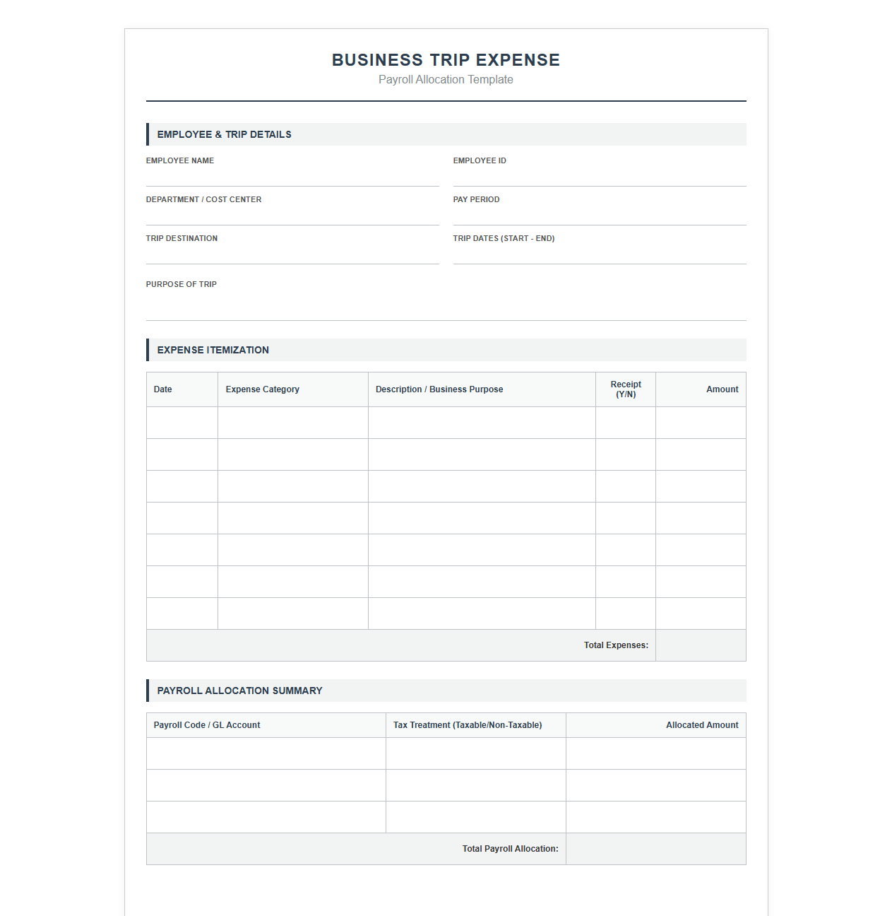 Business Trip Expense Payroll Allocation Template