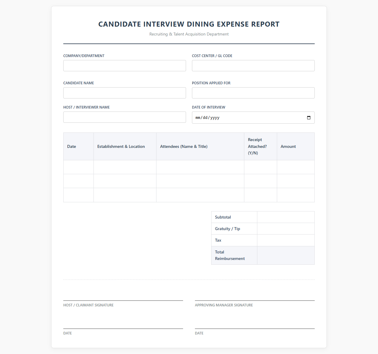Candidate Interview Dining Expense Report Template