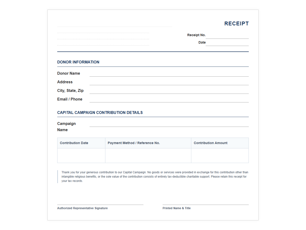 Capital Campaign Charitable Contribution Receipt