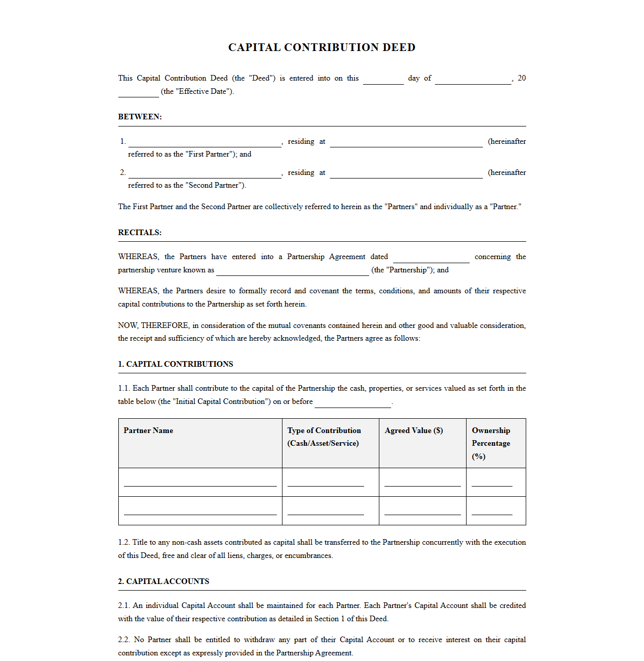 Capital Contribution Deed for Partnership Ventures