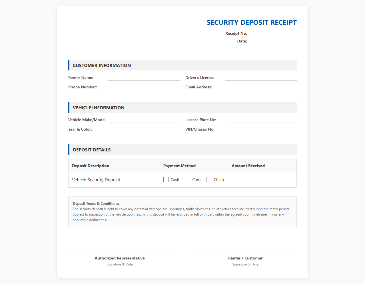 Car Rental Security Deposit Receipt Template