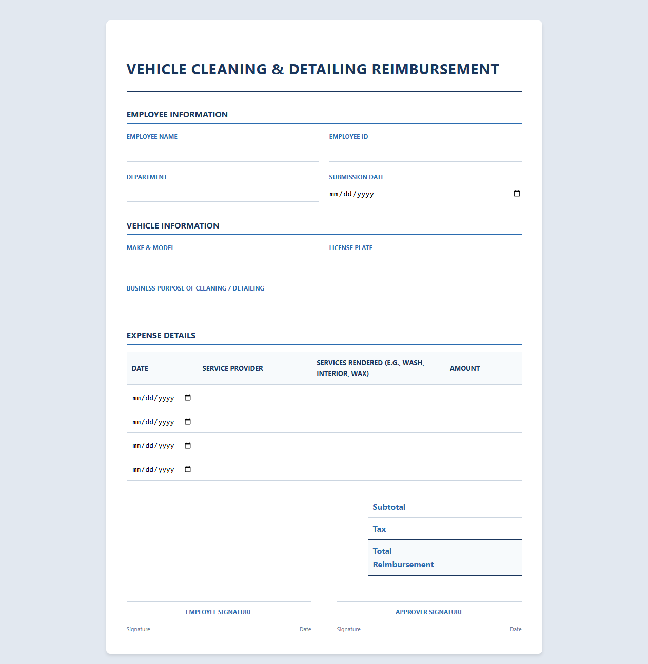 Car Wash and Detailing Reimbursement Template